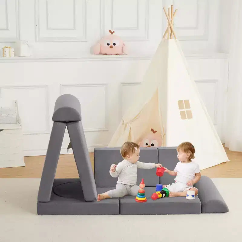 10Pcs Kids Play Couch, Soft Foam Sofa with Machine Washable Cover, Thick Cushion Fort Building Set for Indoor Playroom