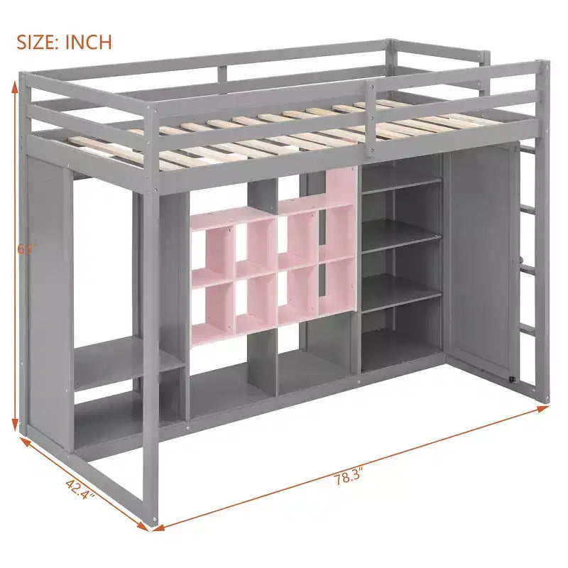 Whisen Twin Size Wood Loft Bed, Smart Storage with Wardrobe, Shelves & Cabinet, Colorful Design