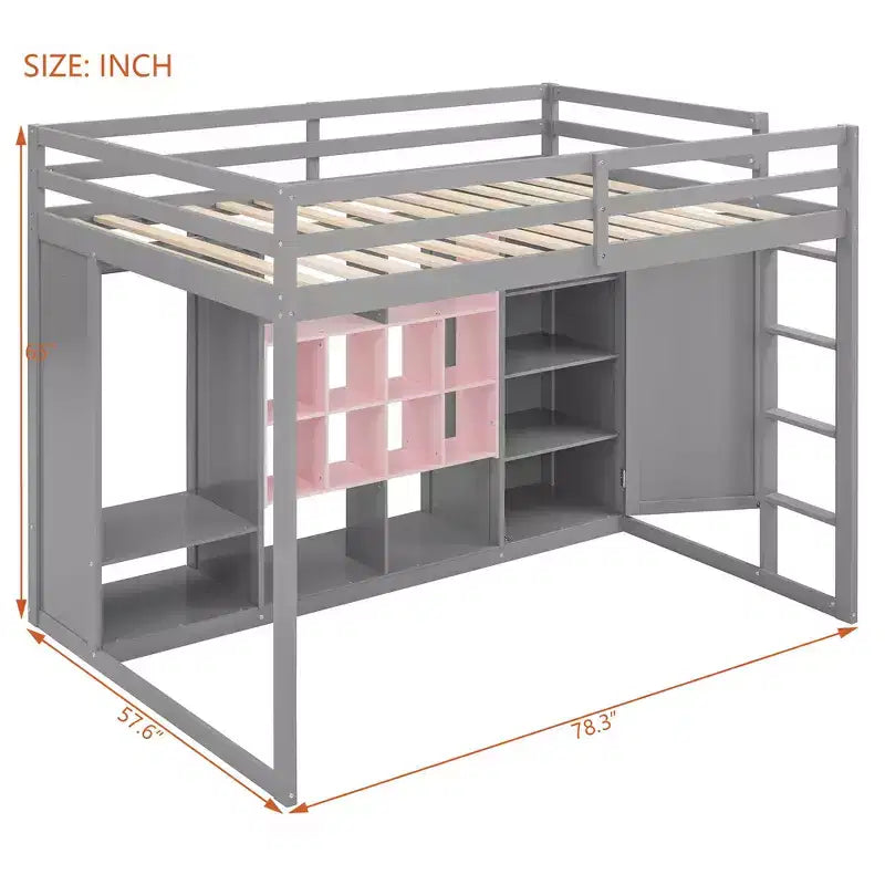 Whisen Twin Size Wood Loft Bed, Smart Storage with Wardrobe, Shelves & Cabinet, Colorful Design