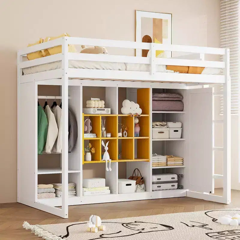 Whisen Twin Size Wood Loft Bed, Smart Storage with Wardrobe, Shelves & Cabinet, Colorful Design