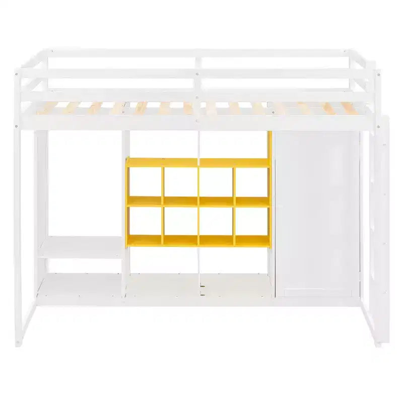 Whisen Twin Size Wood Loft Bed, Smart Storage with Wardrobe, Shelves & Cabinet, Colorful Design