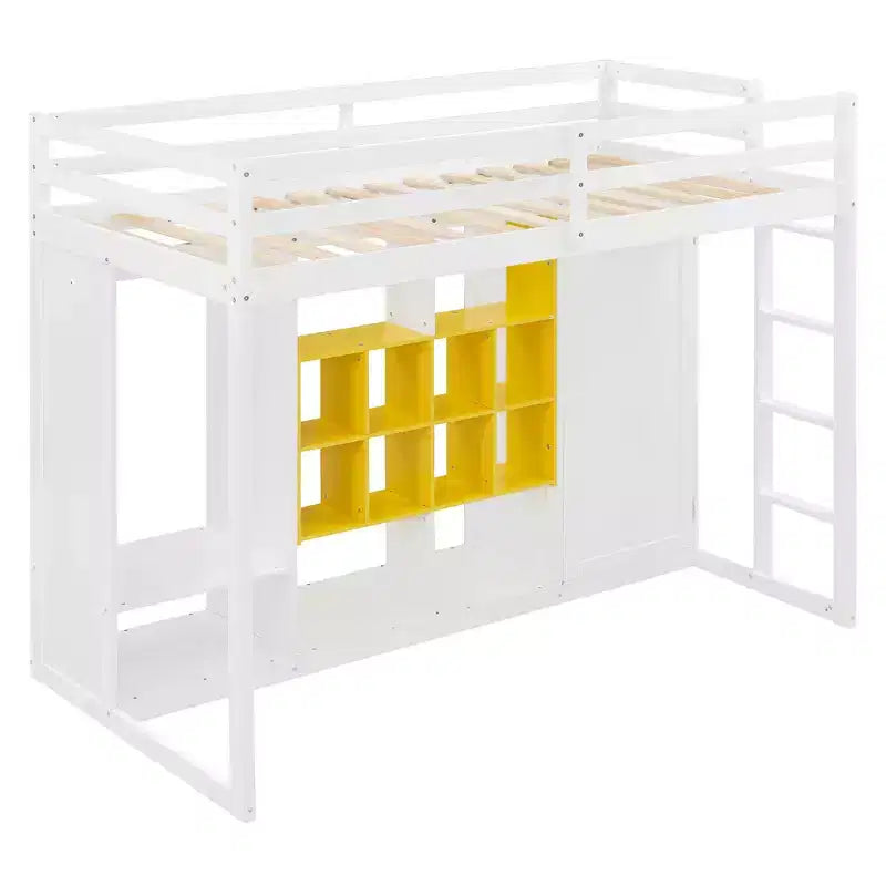 Whisen Twin Size Wood Loft Bed, Smart Storage with Wardrobe, Shelves & Cabinet, Colorful Design