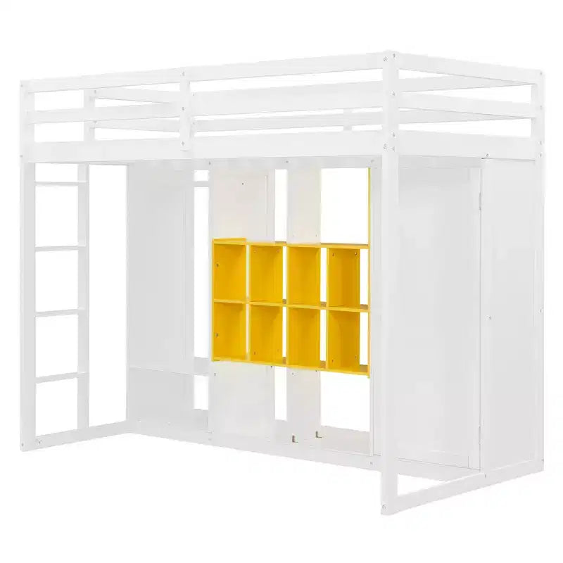 Whisen Twin Size Wood Loft Bed, Smart Storage with Wardrobe, Shelves & Cabinet, Colorful Design