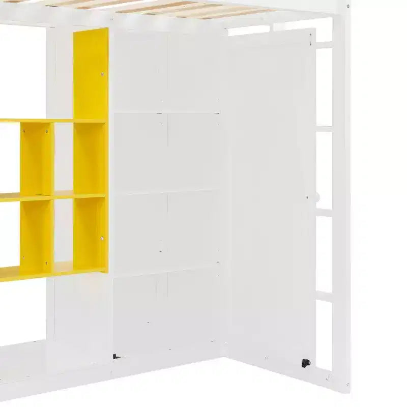Whisen Twin Size Wood Loft Bed, Smart Storage with Wardrobe, Shelves & Cabinet, Colorful Design