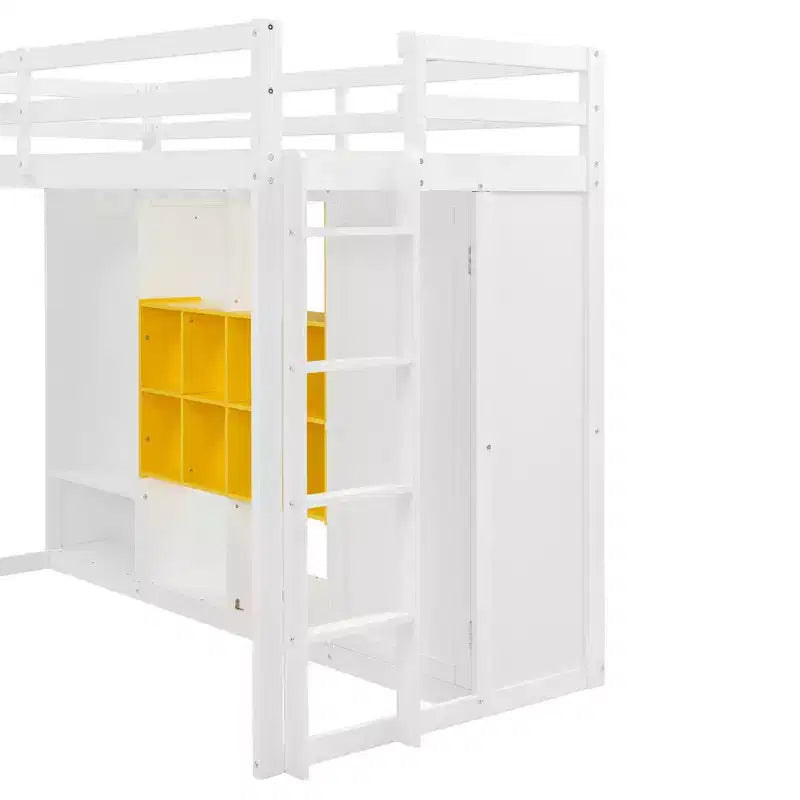 Whisen Twin Size Wood Loft Bed, Smart Storage with Wardrobe, Shelves & Cabinet, Colorful Design