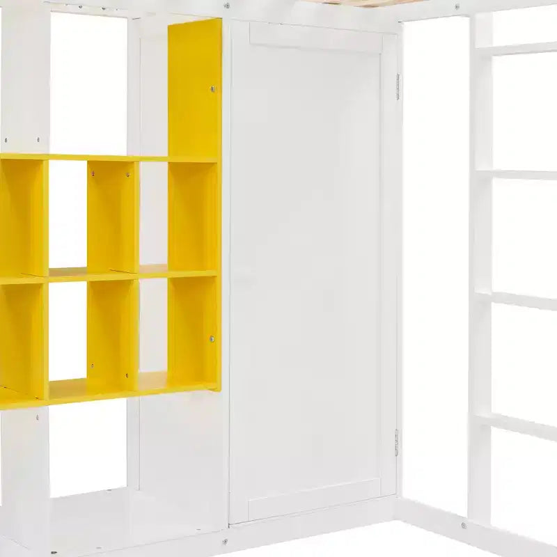 Whisen Twin Size Wood Loft Bed, Smart Storage with Wardrobe, Shelves & Cabinet, Colorful Design