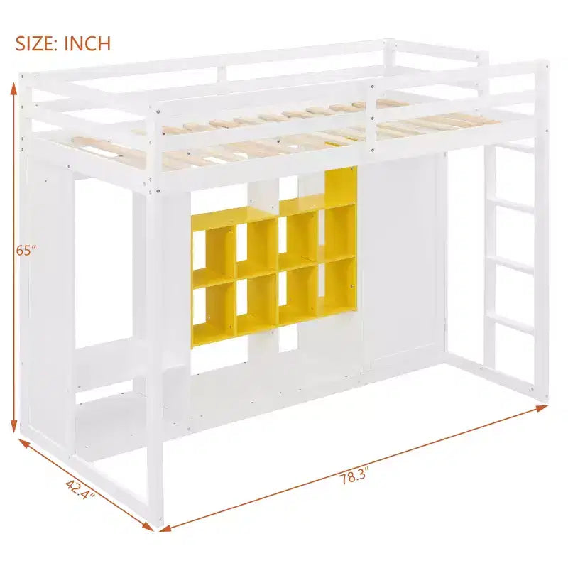 Whisen Twin Size Wood Loft Bed, Smart Storage with Wardrobe, Shelves & Cabinet, Colorful Design