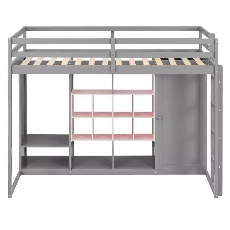 Whisen Twin Size Wood Loft Bed, Smart Storage with Wardrobe, Shelves & Cabinet, Colorful Design