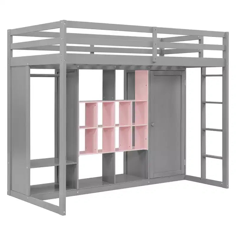 Whisen Twin Size Wood Loft Bed, Smart Storage with Wardrobe, Shelves & Cabinet, Colorful Design