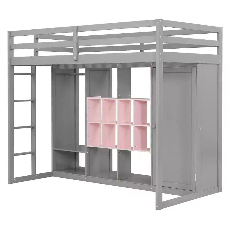 Whisen Twin Size Wood Loft Bed, Smart Storage with Wardrobe, Shelves & Cabinet, Colorful Design