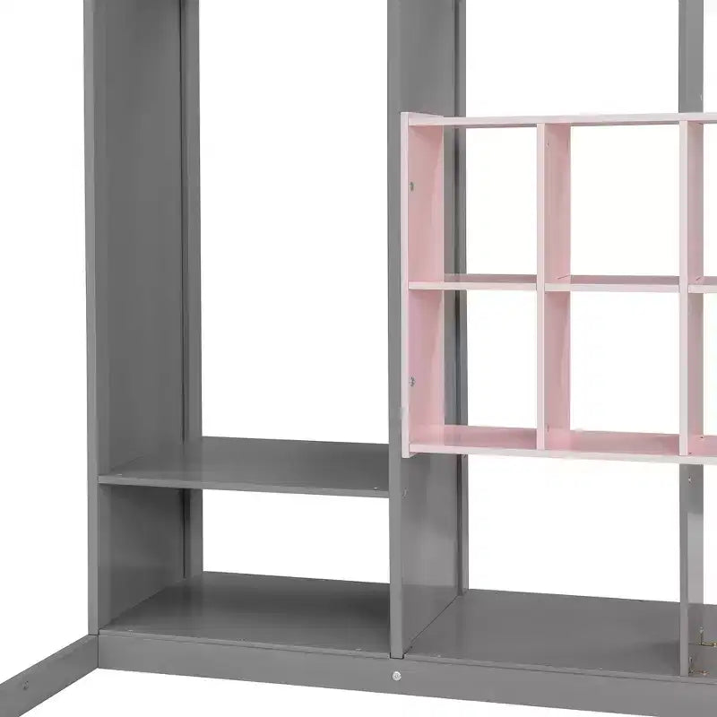 Whisen Twin Size Wood Loft Bed, Smart Storage with Wardrobe, Shelves & Cabinet, Colorful Design