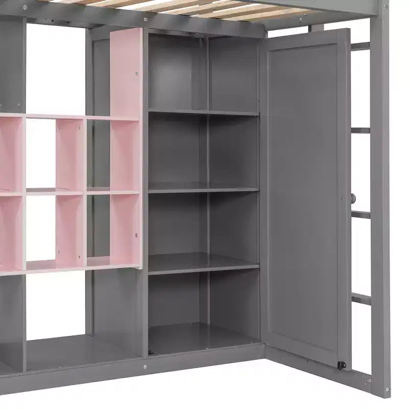 Whisen Twin Size Wood Loft Bed, Smart Storage with Wardrobe, Shelves & Cabinet, Colorful Design