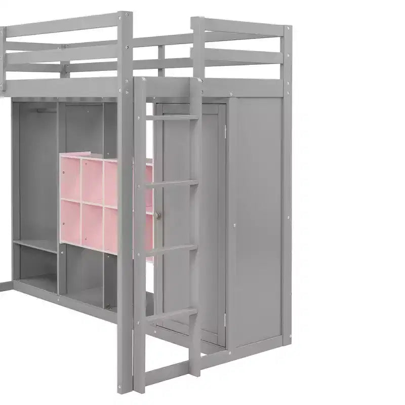Whisen Twin Size Wood Loft Bed, Smart Storage with Wardrobe, Shelves & Cabinet, Colorful Design