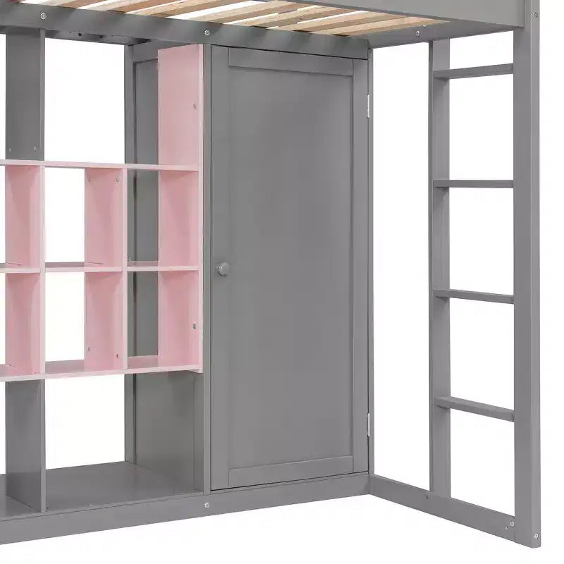 Whisen Twin Size Wood Loft Bed, Smart Storage with Wardrobe, Shelves & Cabinet, Colorful Design