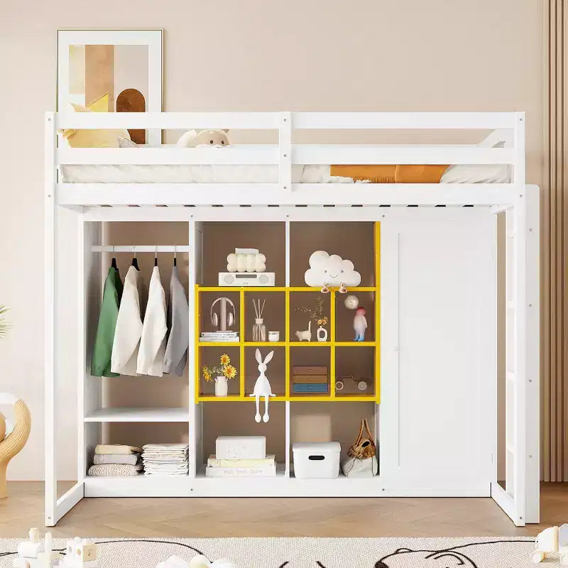 Whisen Twin Size Wood Loft Bed, Smart Storage with Wardrobe, Shelves & Cabinet, Colorful Design