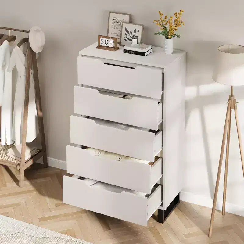 5-Drawer White Bedroom Dressers: 50 Tall Freestanding Vertical Wooden Chest with Storage for Living Room, Hallway & Entryway