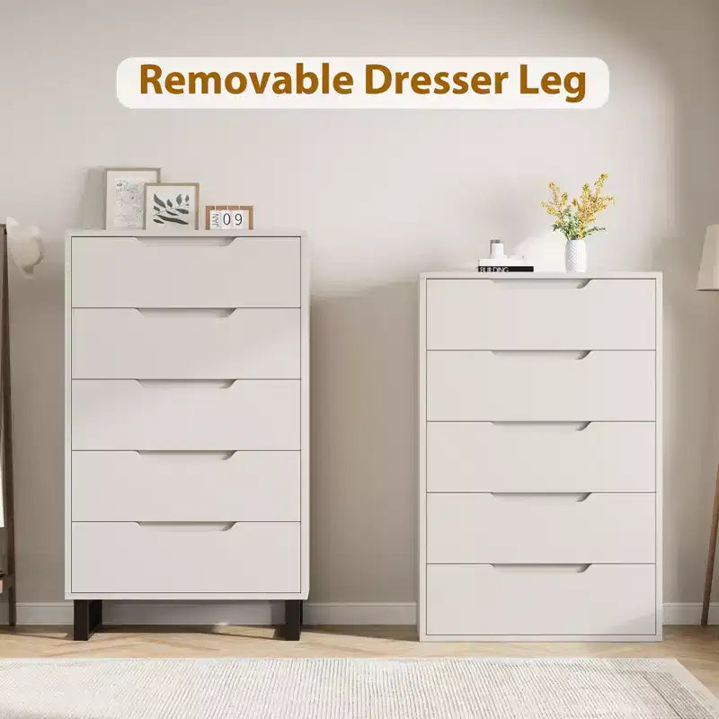 5-Drawer White Bedroom Dressers: 50 Tall Freestanding Vertical Wooden Chest with Storage for Living Room, Hallway & Entryway
