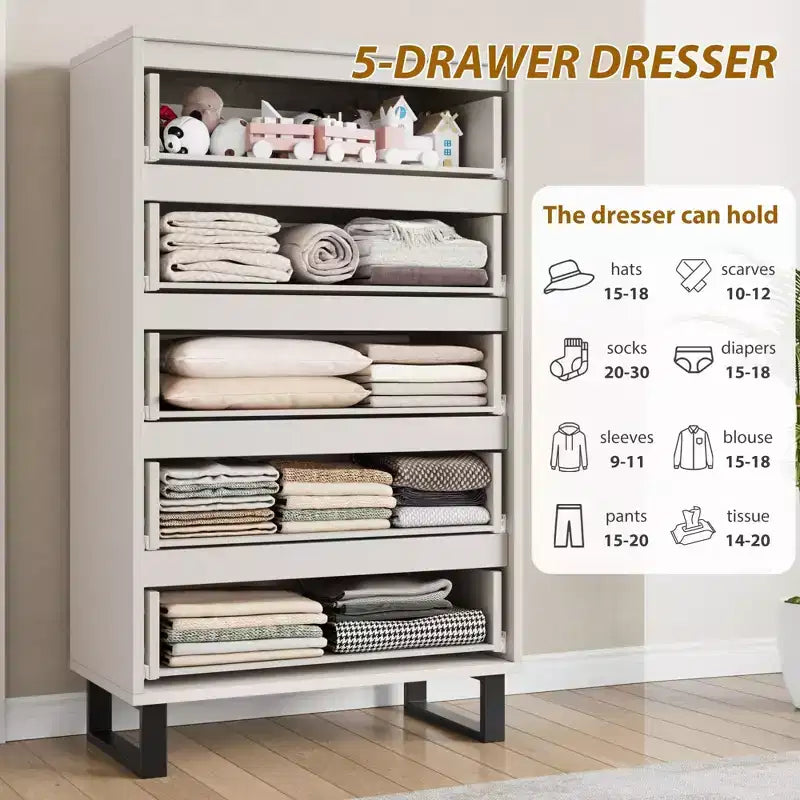 5-Drawer White Bedroom Dressers: 50 Tall Freestanding Vertical Wooden Chest with Storage for Living Room, Hallway & Entryway
