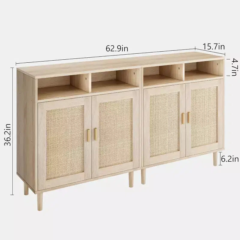 Modern Rattan Sideboard - Two Door Storage Cabinet with Shelves, 36 Inches Tall, Natural