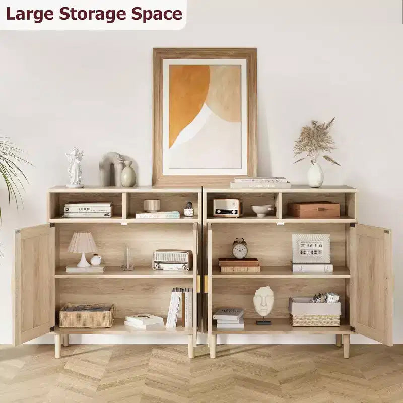 Modern Rattan Sideboard - Two Door Storage Cabinet with Shelves, 36 Inches Tall, Natural