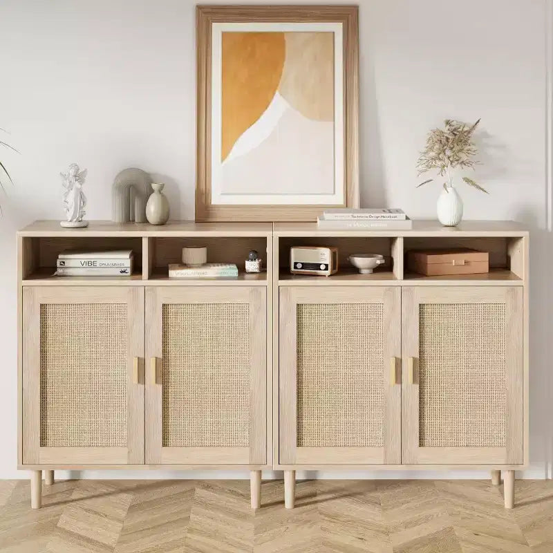 Modern Rattan Sideboard - Two Door Storage Cabinet with Shelves, 36 Inches Tall, Natural