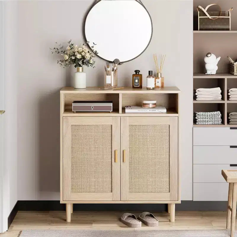 Modern Rattan Sideboard - Two Door Storage Cabinet with Shelves, 36 Inches Tall, Natural