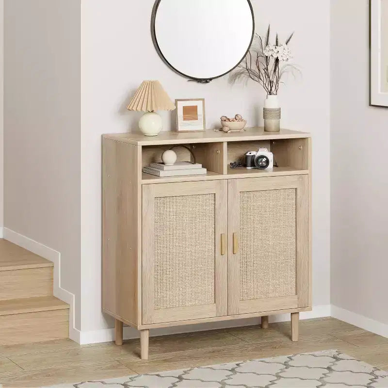 Modern Rattan Sideboard - Two Door Storage Cabinet with Shelves, 36 Inches Tall, Natural