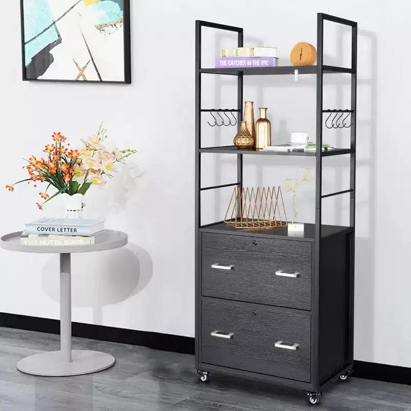 VINGLI Tall 2 Drawer File Cabinet with Lock for Letter Legal Folders, Wood Rolling Filing Cabinets with Shelves for Home Office, Black