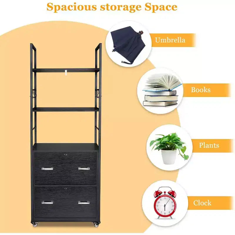 VINGLI Tall 2 Drawer File Cabinet with Lock for Letter Legal Folders, Wood Rolling Filing Cabinets with Shelves for Home Office, Black