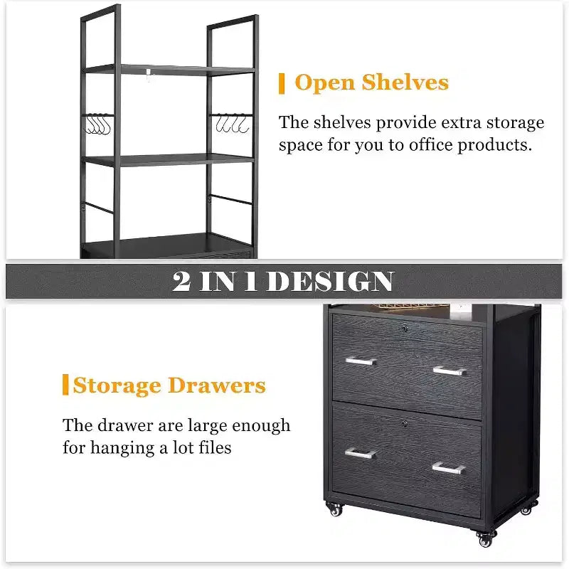 VINGLI Tall 2 Drawer File Cabinet with Lock for Letter Legal Folders, Wood Rolling Filing Cabinets with Shelves for Home Office, Black