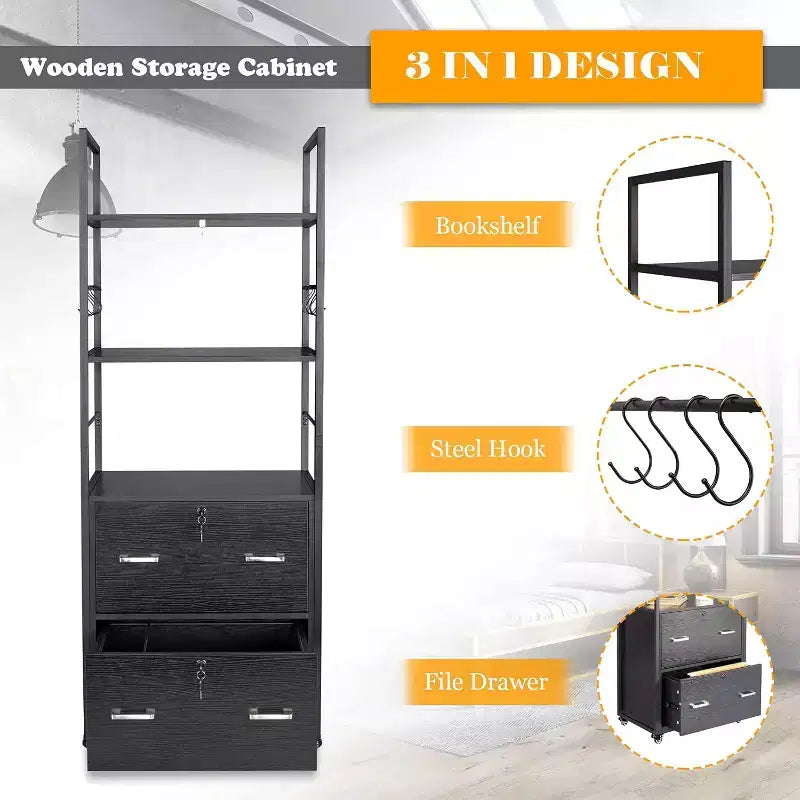 VINGLI Tall 2 Drawer File Cabinet with Lock for Letter Legal Folders, Wood Rolling Filing Cabinets with Shelves for Home Office, Black