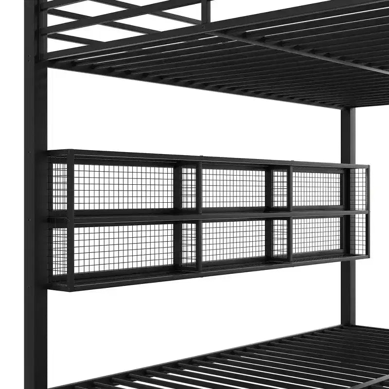 Whisen Metal Queen over Queen Bunk Bed with Ample Storage Cabinets, LED Lighting and Guard Rails - Black