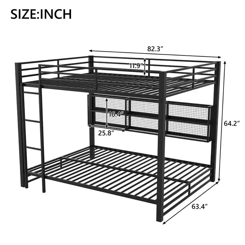 Whisen Metal Queen over Queen Bunk Bed with Ample Storage Cabinets, LED Lighting and Guard Rails - Black