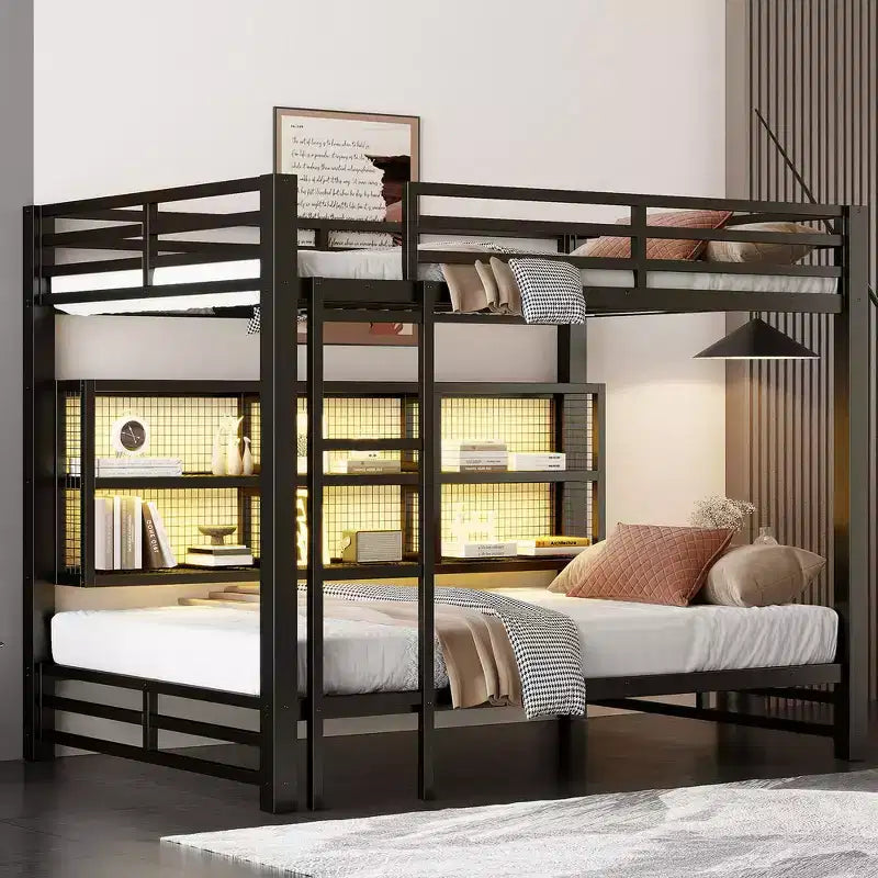 Whisen Metal Queen over Queen Bunk Bed with Ample Storage Cabinets, LED Lighting and Guard Rails - Black