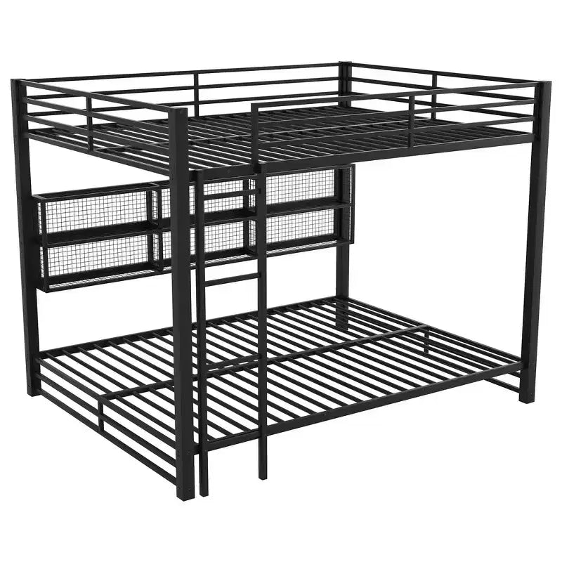 Whisen Metal Queen over Queen Bunk Bed with Ample Storage Cabinets, LED Lighting and Guard Rails - Black