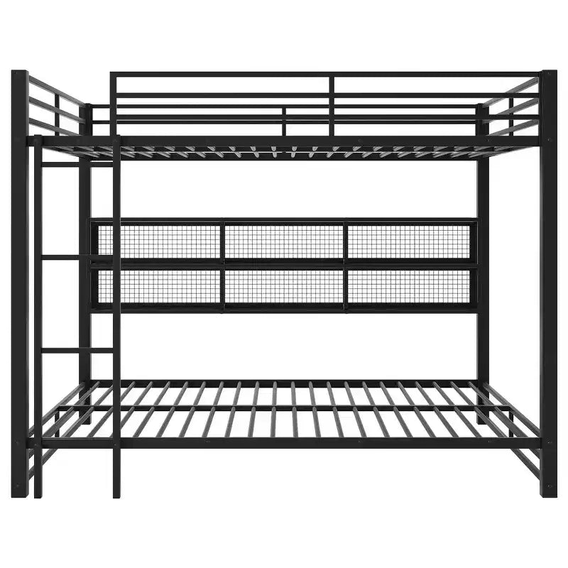 Whisen Metal Queen over Queen Bunk Bed with Ample Storage Cabinets, LED Lighting and Guard Rails - Black