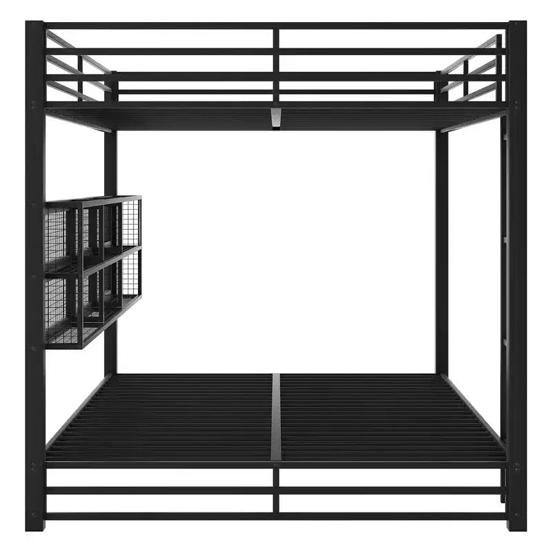 Whisen Metal Queen over Queen Bunk Bed with Ample Storage Cabinets, LED Lighting and Guard Rails - Black