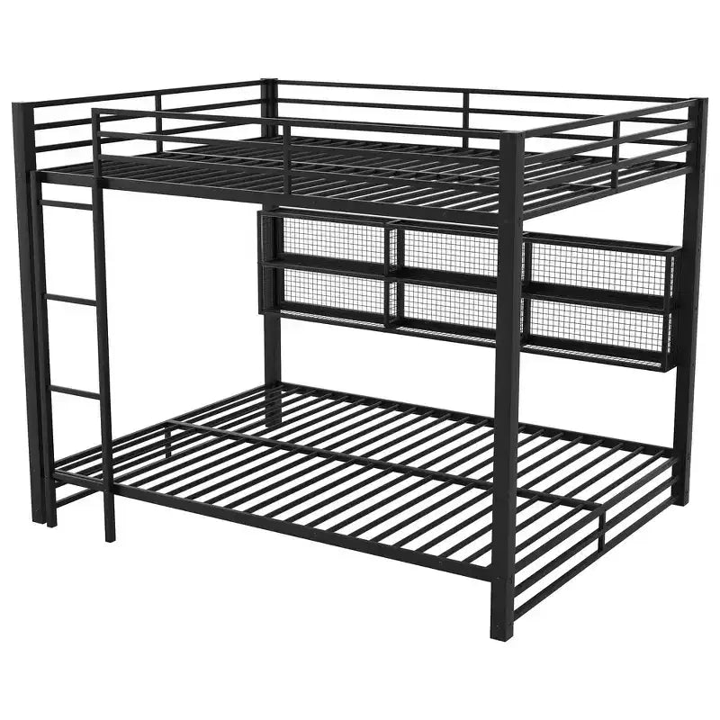 Whisen Metal Queen over Queen Bunk Bed with Ample Storage Cabinets, LED Lighting and Guard Rails - Black