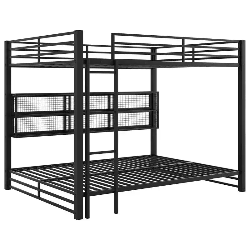 Whisen Metal Queen over Queen Bunk Bed with Ample Storage Cabinets, LED Lighting and Guard Rails - Black