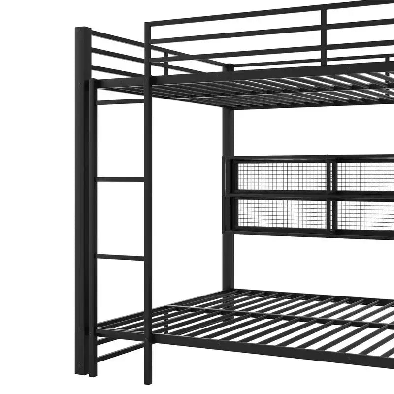Whisen Metal Queen over Queen Bunk Bed with Ample Storage Cabinets, LED Lighting and Guard Rails - Black