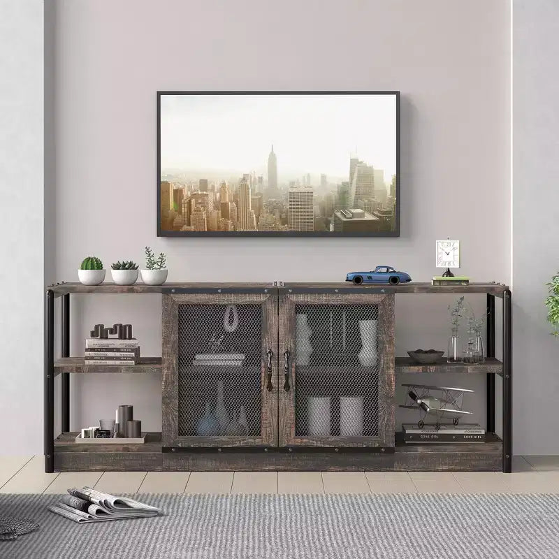 TV Stand Farmhouse Entertainment Center for 65 Inch TV Media Console Cabinet,Mesh Barn Door and Sturdy Metal Frame