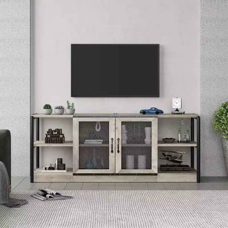 TV Stand Farmhouse Entertainment Center for 65 Inch TV Media Console Cabinet,Mesh Barn Door and Sturdy Metal Frame