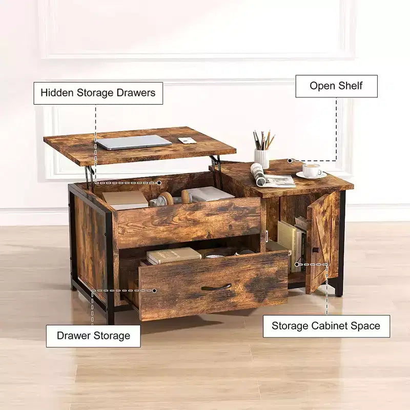 Hausource 41.7 Lift Top Coffee Table with Hidden Storage, Drawers & Side Cabinet for Living Room,Brown