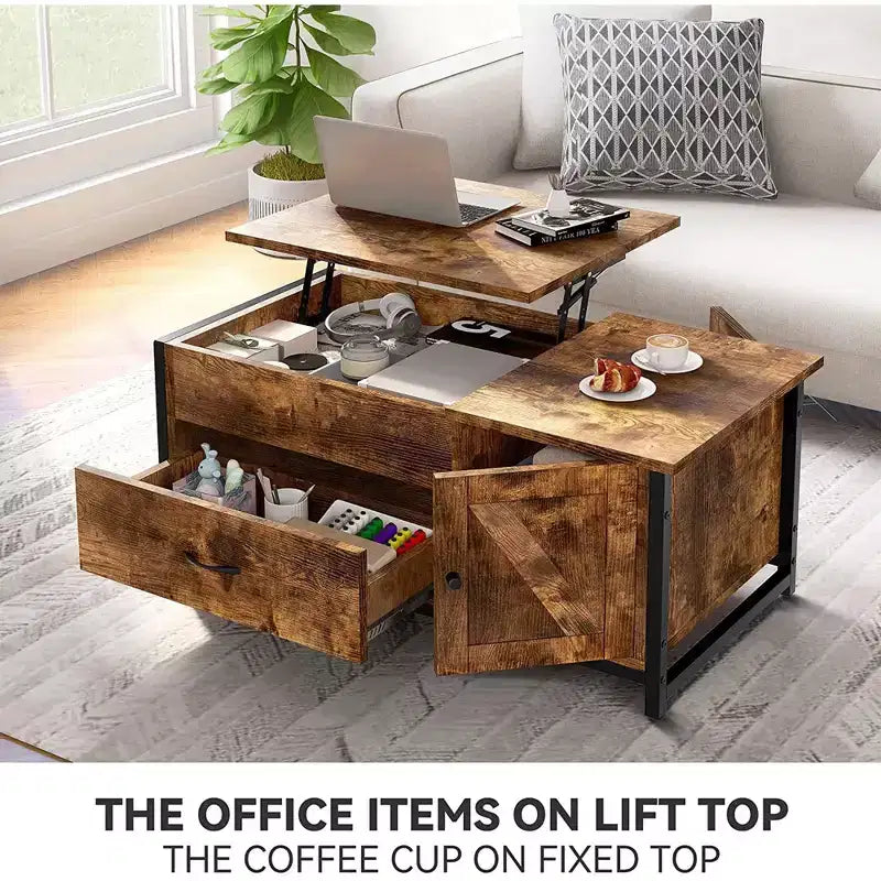 Hausource 41.7 Lift Top Coffee Table with Hidden Storage, Drawers & Side Cabinet for Living Room,Brown