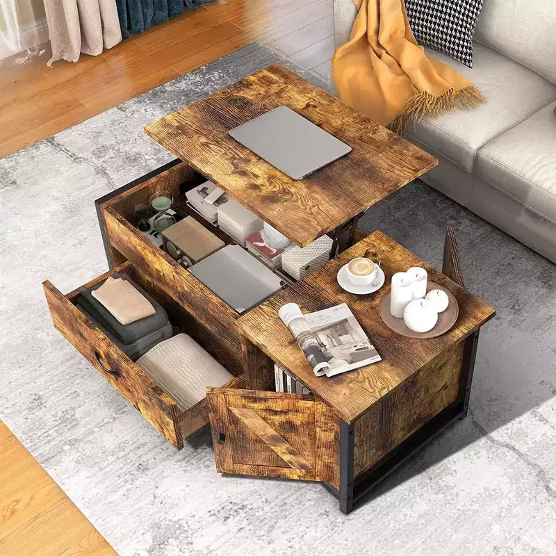 Hausource 41.7 Lift Top Coffee Table with Hidden Storage, Drawers & Side Cabinet for Living Room,Brown