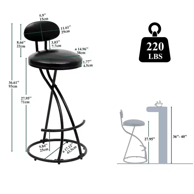 MAYEERTY Upholstered Counter Height Barstools Set of 2 - PU Leather, Footrest, Kitchen Island (Black)