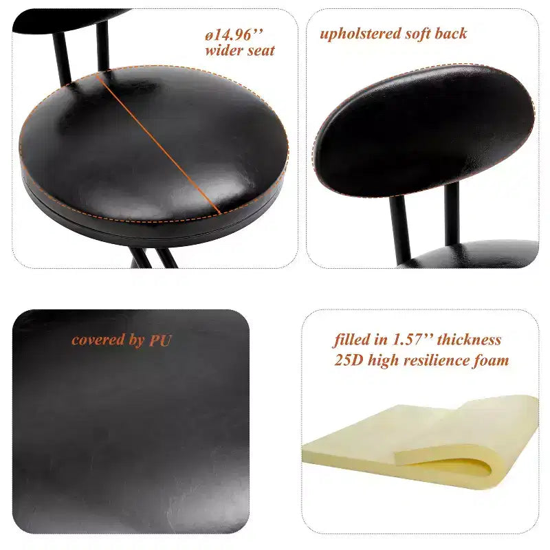 MAYEERTY Upholstered Counter Height Barstools Set of 2 - PU Leather, Footrest, Kitchen Island (Black)