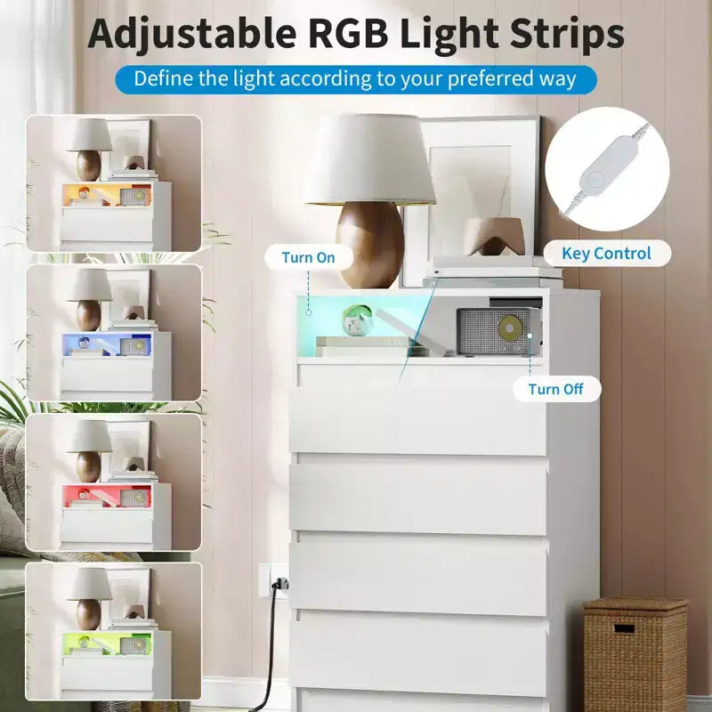 4 Drawer Dresser, White LED Dresser with Charging Station, Anchors to Wall, 6-Color Adjustable Light Strip White