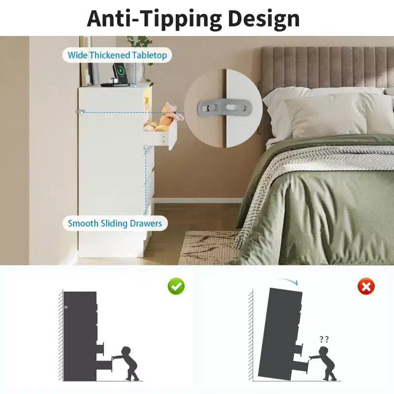 4 Drawer Dresser, White LED Dresser with Charging Station, Anchors to Wall, 6-Color Adjustable Light Strip White