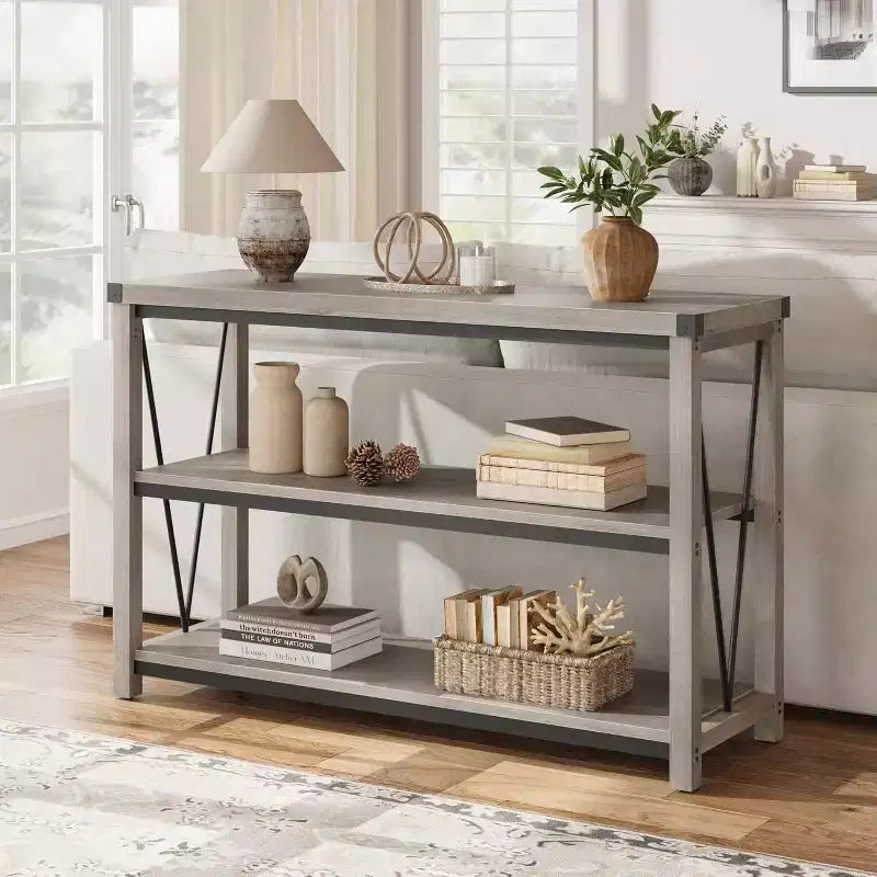 47 Inch Farmhouse Entryway Table, 3 Tier Wood Console Table with Storage, for Living Room, Hallway Table, Grey